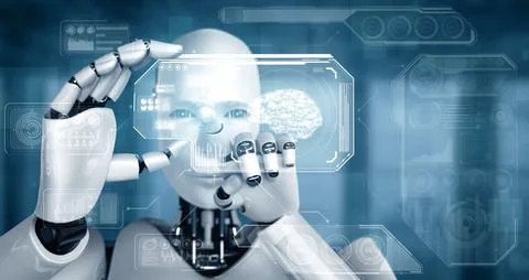 MLP Robot humanoid hold HUD hologram screen in concept of AI thinking brain イラスト素材