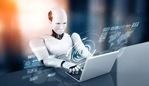 MLP Robot humanoid use laptop and sit at table for big data analytic Stock Illustration