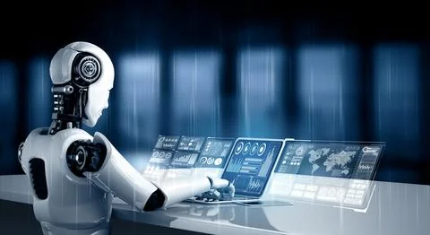 MLP Robot humanoid use laptop and sit at table for big data analytic Illustrazione stock