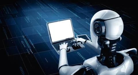 MLP Robot humanoid use laptop and sit at table in future office Stock Illustration