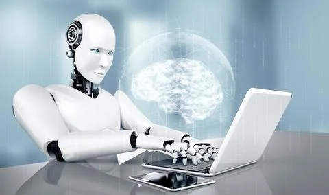 MLP Robot humanoid use laptop and sit at table in concept of AI thinking brain 스톡 일러스트