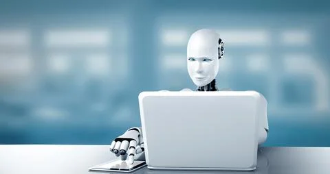 MLP Robot humanoid use laptop and sit at table in future office Stock Illustration