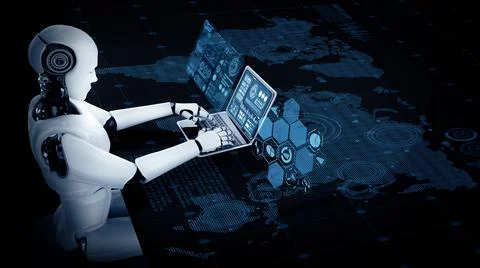 MLP Robot humanoid use laptop and sit at table for global network connection Stock Illustration