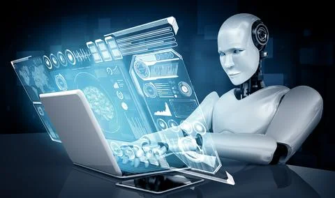 MLP Robot humanoid use laptop and sit at table for big data analytic Stock Illustration