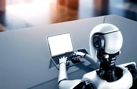 MLP Robot humanoid use laptop and sit at table in future office 스톡 일러스트