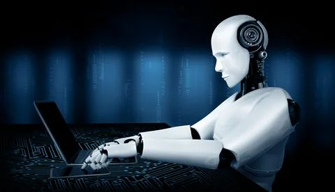 MLP Robot humanoid use laptop and sit at table in future office Stock Illustration