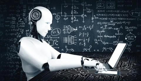 MLP Robot humanoid use laptop and sit at table for engineering science studying Stock Illustration