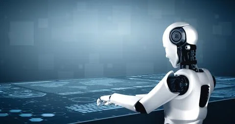 MLP Robot humanoid use laptop and sit at table in future office Stock Illustration