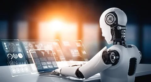 MLP Robot humanoid use laptop and sit at table for big data analytic Stockillustratie