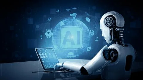 MLP Robot humanoid use laptop and sit at table in concept of AI thinking brain Stock Illustration