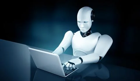 MLP Robot humanoid use laptop and sit at table in future office Stock Illustration