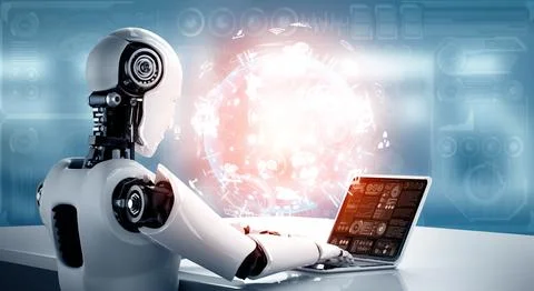 MLP Robot humanoid use laptop and sit at table for global network connection Stock Illustration