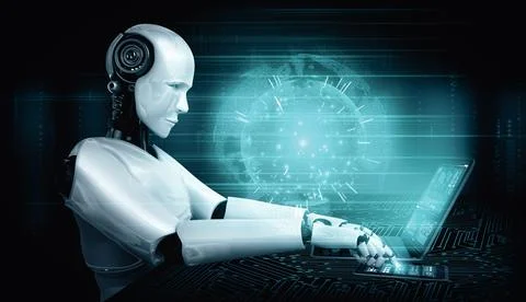 MLP Robot humanoid use laptop and sit at table for global network connection Stock Illustration