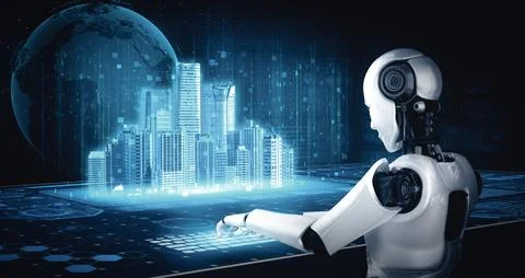 MLP Robot humanoid use laptop and sit at table for global network connection Stock Illustration