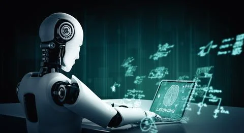 MLP Robot humanoid use laptop and sit at table in concept of AI thinking brain イラスト素材