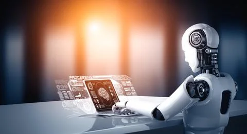 MLP Robot humanoid use laptop and sit at table for big data analytic Illustrazione stock