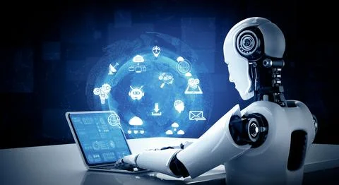 MLP Robot humanoid use laptop and sit at table for global network connection Stock Illustration