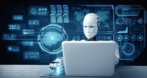 MLP Robot humanoid use laptop and sit at table for big data analytic Stockillustratie