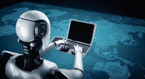MLP Robot humanoid use laptop and sit at table for global network connection Stock Illustration