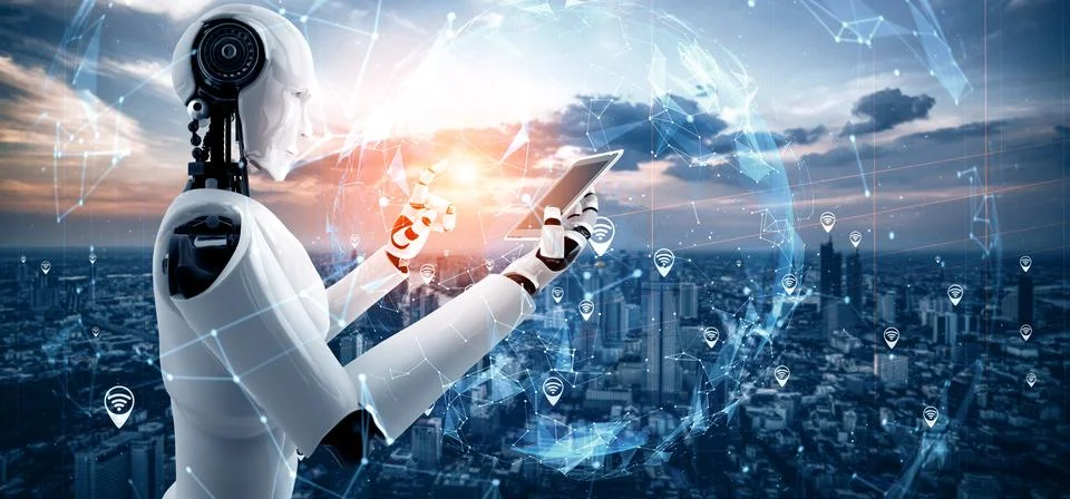 MLP Robot humanoid use mobile phone or tablet for global network connection Stock Illustration