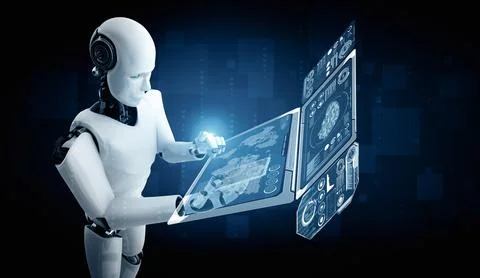 MLP Robot humanoid use mobile phone or tablet for big data analytic Stock Illustration