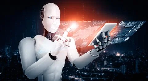 MLP Robot humanoid use mobile phone or tablet for big data analytic Stockillustratie