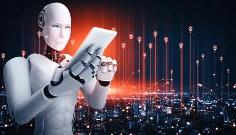 MLP Robot humanoid use mobile phone or tablet for global network connection Stock Illustration