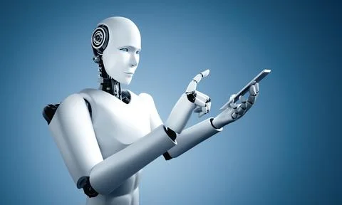 MLP Robot humanoid use mobile phone or tablet in future office Stock Illustration