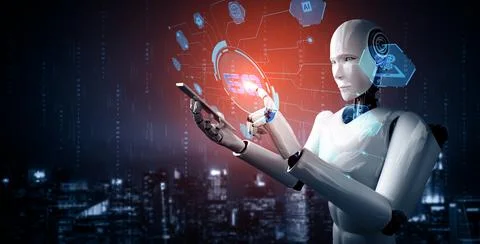MLP Robot humanoid use mobile phone or tablet for global network connection Stock Illustration