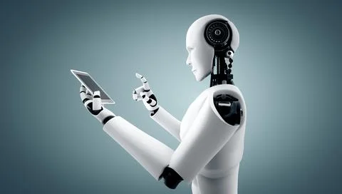 MLP Robot humanoid use mobile phone or tablet in future office 스톡 일러스트