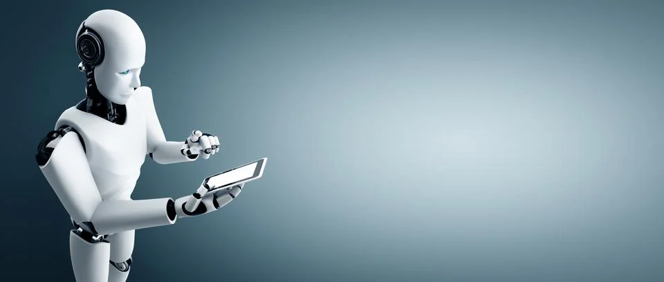 MLP Robot humanoid use mobile phone or tablet in future office Stock Illustration