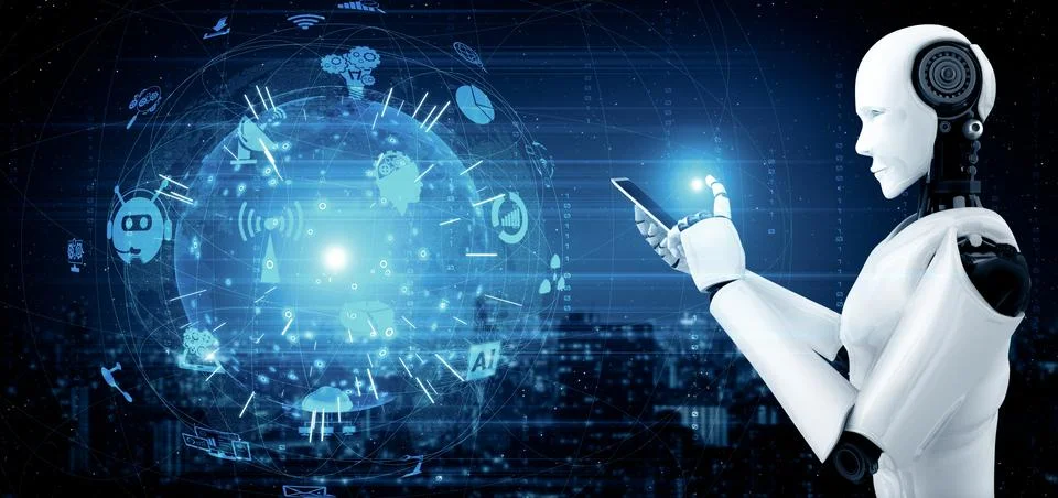 MLP Robot humanoid use mobile phone or tablet for global network connection 스톡 일러스트