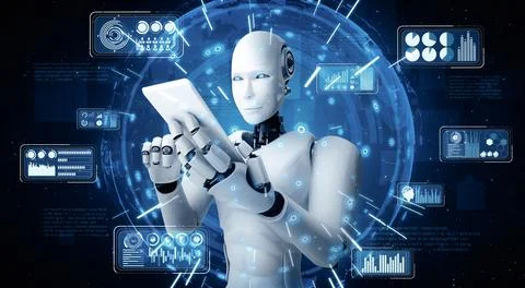 MLP Robot humanoid use mobile phone or tablet for big data analytic Stock Illustration