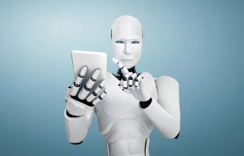 MLP Robot humanoid use mobile phone or tablet in future office Stock Illustration