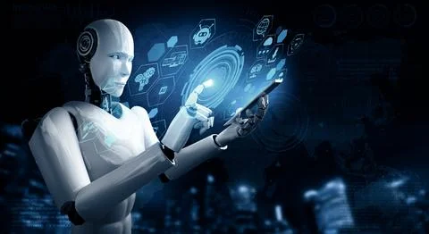 MLP Robot humanoid use mobile phone or tablet for global network connection Stock Illustration