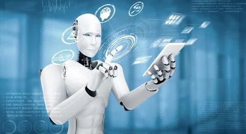 MLP Robot humanoid use mobile phone or tablet for big data analytic Stock Illustration