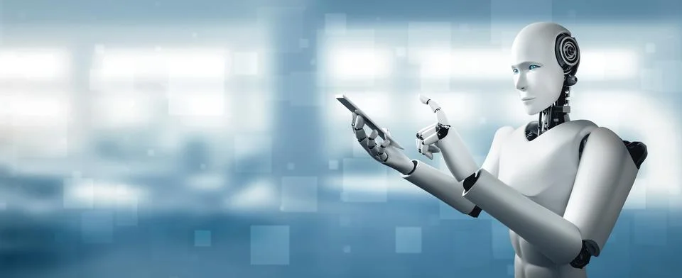 MLP Robot humanoid use mobile phone or tablet in future office Stock Illustration