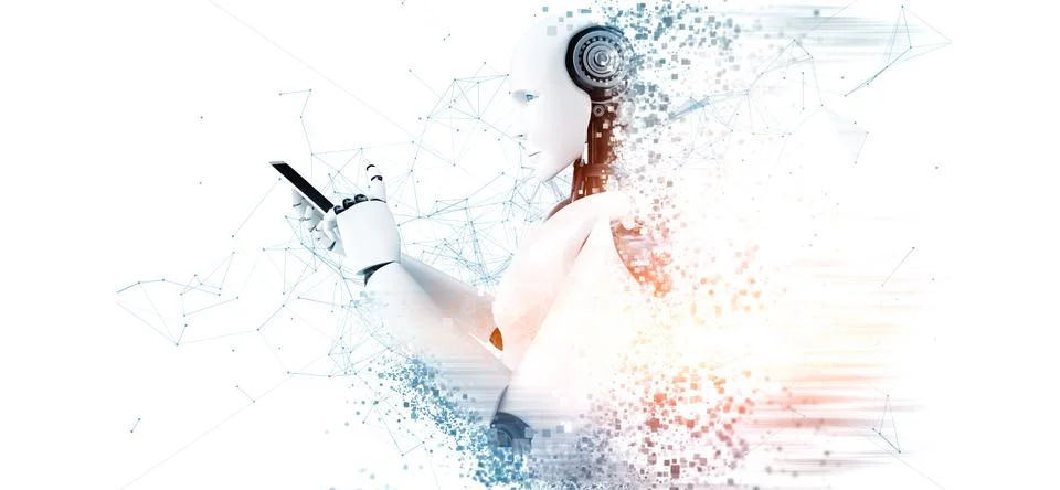 MLP Robot humanoid use mobile phone or tablet for global network connection Stock Illustration
