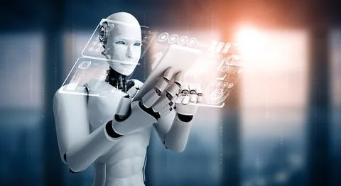 MLP Robot humanoid use mobile phone or tablet for big data analytic Stock Illustration