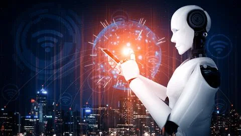 MLP Robot humanoid use mobile phone or tablet for global network connection Stock Illustration