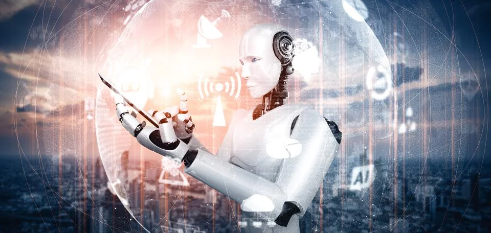 MLP Robot humanoid use mobile phone or tablet for global network connection Stock Illustration