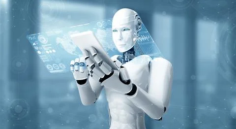 MLP Robot humanoid use mobile phone or tablet for big data analytic Stock Illustration