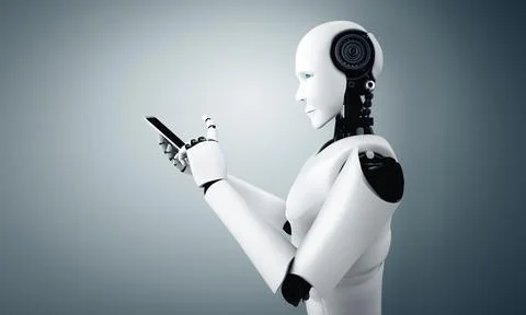 MLP Robot humanoid use mobile phone or tablet in future office Stock Illustration