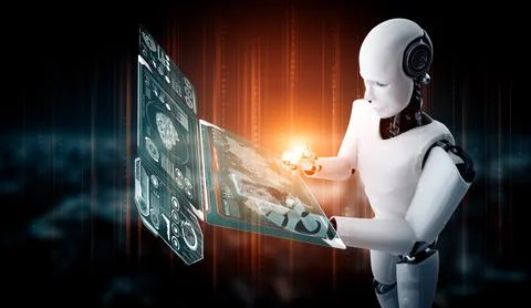 MLP Robot humanoid use mobile phone or tablet for big data analytic Stockillustratie