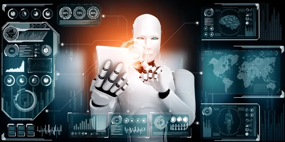 MLP Robot humanoid use mobile phone or tablet for big data analytic イラスト素材