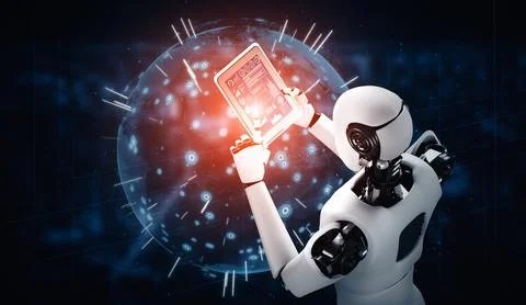 MLP Robot humanoid using tablet computer for global network connection Stockillustratie