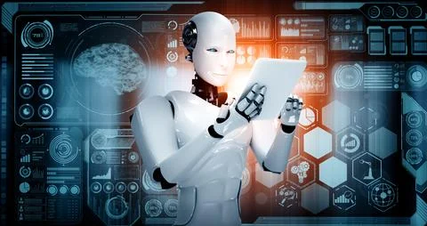 MLP Robot humanoid using tablet computer for big data analytic Stock Illustration