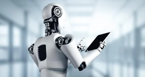 MLP Robot humanoid using tablet computer in future office Stock Illustration