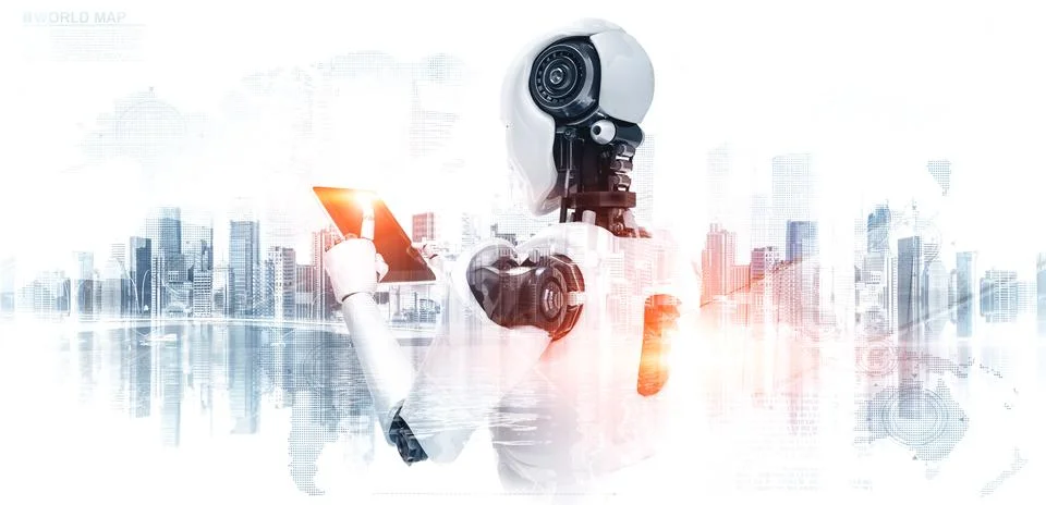 MLP Robot humanoid using tablet computer in future office 스톡 일러스트