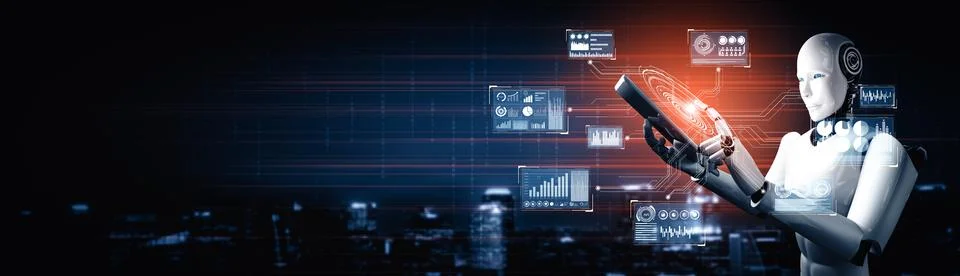 MLP Robot humanoid using tablet computer for big data analytic Stock Illustration